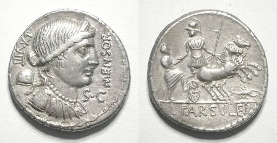 L.FARSULEIUS MENSOR 
AR denarius. 75 BC. 3.91 grs. Diademed and draped bust of Libertas right. SC below chin. MENSOR before. Pileus and control numeral behind. Bead and reel border. / Warrior in biga right,holding spear and reining in horses while he helps togate figure to mount into the chariot,scorpion below. L FARSULEI in exergue.
Craw 392/1a. RSC Farsuleia 1.  

