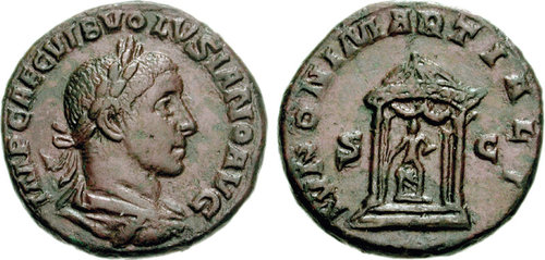 VOLUSIAN
 Æ As   252 AD.   9.59 gr. 12h .   Laureate, draped, and cuirassed bust right. IMP CAE C VIB VOLUSIANO AVG.  /  Juno seated front within garlanded round shrine; peacock at her side. IVNONI MARTIALI. SC in fields.      RIC IV 252b.
