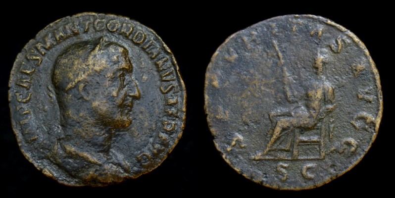 Gordian I (A.D. 238)
AE Sestertius, A.D. 238, Rome, 29mm, 16.32g, ~160°, RIC IV 11; BMCRE 12-13; Rare. Ex. Conti collection.
Obv: IMP CAES M ANT GORDIANVS AFR AVG. laureate, draped & cuirassed bust right.
Rev: SECVRITAS AVGG. Securitas seated left, holding scepter in right hand. S C in ex.
Keywords: gordian i sestertius securitas