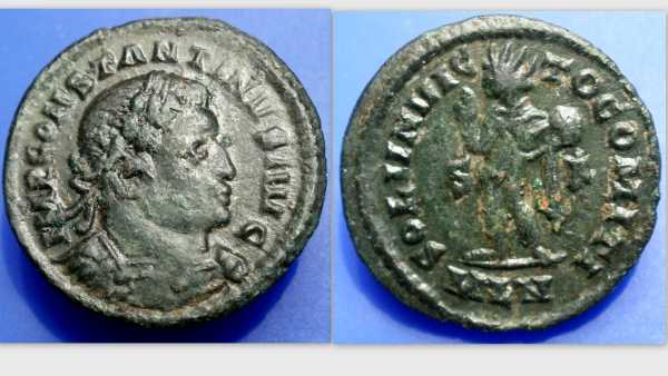 CONSTANTINE I AE3, RIC VII 43, Sol
OBV: Constantine I AE3. 315-316 AD. IMP CONSTANTINVS AVG, laureate, cuirassed bust right
REV: SOLI INVICTO COMITI, Sol, radiate, standing left, chlamys across left shoulder, holding globe, right hand raised, S-F across fields, MLN in ex.
3.1g, 20mm
Minted at London, 315-16 AD
