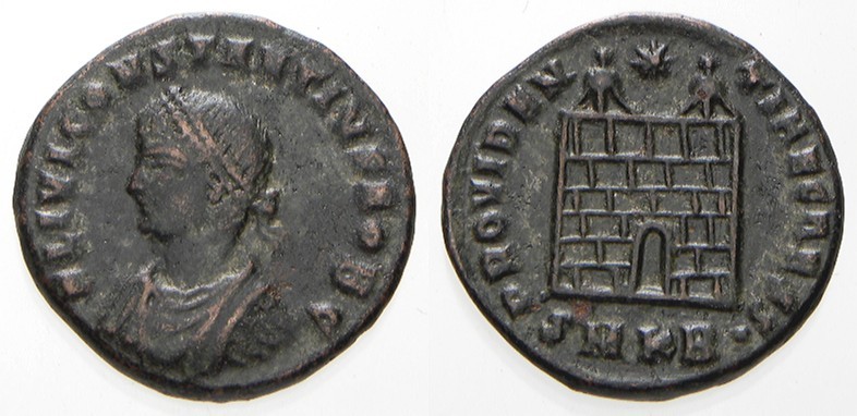 CONSTANTIUS II AE3 RIC VII 38,B, Campgate
OBV: FL IVL CONSTANTIVS NOB C, laureate, draped & cuirassed bust left
REV: PROVIDEN-TIAE CAESS, campgate with two turrets & star above, SMKB dot in ex.


Minted at Cyzicus, 325-326 AD

