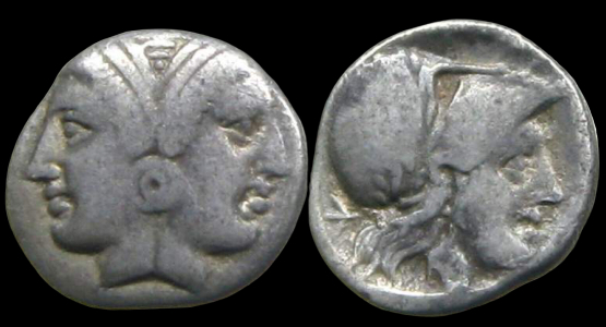 LAMPSAKOS, MYSIA THRACE AR Diobol
OBVERSE:  Janiform female head, in circular earring and necklace
REVERSE:  Helmeted head of Athena right                        
Struck at Lampsakos, Mysia 390-330 BC
1.28g, 13mm
SNG Cop 189 - 192; SNGFrance 1195, SNGvA 1295
