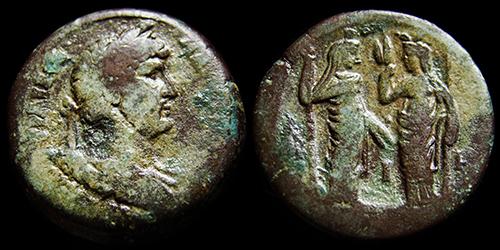 032p Hadrianus (117-138 A.D.), Egypt, Alexandria, RPC III 5886, AE-Drachm, L /IH//--, Demeter and Euthenia, #1
032p Hadrianus (117-138 A.D.), Egypt, Alexandria, RPC III 5886, AE-Drachm, L /IH//--, Demeter and Euthenia, #1
avers: AΥT KAIC TPAIAN AΔPIANOC CEB, Laureate draped and cuirassed bust right.
reverse: No legends, Demeter standing right, holding corn-ears and torch, facing Euthenia, standing left, holding corn-ears and scepter, L-IH in between the legs.
exergue: L /IH//--, diameter: mm, weight: g, axis: h,
mint: Egypt, Alexandria, date: 133-134 A.D., Year (IH)18.,
ref:
RPC III 5886,
Emmet 0941-IH,
Milne 1408-1410,
Geissen 1109-1110,
Dattari- 1671-1672,
Kampmann-Ganschow 032.579,
BMC -,
Q-001
Keywords: 032p Hadrianus (117-138 A.D.), Egypt, Alexandria, RPC III 5886, AE-Drachm, L /IH//--, Demeter and Euthenia, #1