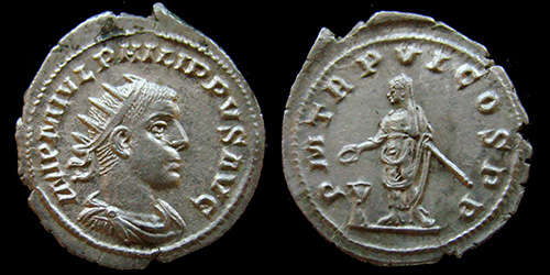 076b Philippus II. (244-7 A.D., Caes, 247-9 A.D. Aug.), RIC IV-III --- Not in!!!, Antioch, AR-Antoninianus, P M TR P VI COS P P,  Emperor standing left, Rare!!!,
076b Philippus II. (244-7 A.D., Caes, 247-9 A.D. Aug.), RIC IV-III --- Not in!!!, Antioch, AR-Antoninianus, P M TR P VI COS P P,  Emperor standing left, Rare!!!,
avers:- IMP M IVL PHILIPPVS AVG, Radiate, draped and cuirassed bust right viewed from the front.
revers:- P M TR P VI COS P P, Emperor veiled, standing left, holding scepter and sacrificing out of patera over lighted tripod. 
exergo: -/-//--, diameter: mm, weight: g, axis: h,
mint: Rome, date: 249 A.D., ref: RIC-IV-III-Not in RIC !!!,Unlisted RIC with this obverse style, Rare !!! (known = 6), RSC 40var.,
Q-001

Keywords: 076b Philippus II. (244-7 A.D., Caes, 247-9 A.D. Aug.), RIC IV-III --- Not in!!!, Antioch, AR-Antoninianus, P M TR P VI COS P P,  Emperor standing left, Rare!!!,