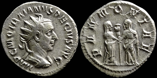 079 Traianus Decius (249-251 A.D.), RIC IV-III 0026, Rome, AR-Antoninianus, PANNONIAE, Two Pannoniae facing each other, #1
079 Traianus Decius (249-251 A.D.), RIC IV-III 0026, Rome, AR-Antoninianus, PANNONIAE, Two Pannoniae facing each other, #1
avers: IMP C M Q TRAIANVS DECIVS AVG, radiate, draped, & cuirassed bust right
reverse: PANNONIAE, Two Pannoniae, veiled, facing each other, holding a standard between them.
exergue: -/-//--, diameter: 20,0-21,5 mm, weight: 4,14g, axis: 1h,
mint: Rome, date: 249-251 A.D., ref: RIC IV-III 26, p-123, 
Q-001
Keywords: 079 Traianus Decius (249-251 A.D.), RIC IV-III 0026, Rome, AR-Antoninianus, PANNONIAE, Two Pannoniae facing each other, #1