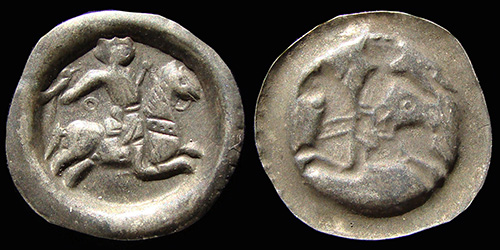 22.06. Béla IV., King of Hungary, (1235-1270 A.D.), Bracteata, (uncertain), CÁC III. 22.06.1.1./e01.03./22., H-195, CNH I.-275, U-121, AR-Bracteata, #01
22.06. Béla IV., King of Hungary, (1235-1270 A.D.), Bracteata, (uncertain), CÁC III. 22.06.1.1./e01.03./22., H-195, CNH I.-275, U-121, AR-Bracteata, #01
avers: King riding horse to the right, falcon on his wrist.
reverse: Negative pictures.
exergue/mintmark: -/-//--, diameter: 13,5-14,5mm, weight: 0,23g, axis:0h,
mint: Esztergom, date: A.D., ref: Huszár-195, CNH I.-275, Unger-121, 
Kiss-Toth: CÁC III. 22.06.1.1./e01.03./22., Sigla, a small circle belove the right arm of the king.
Q-001
