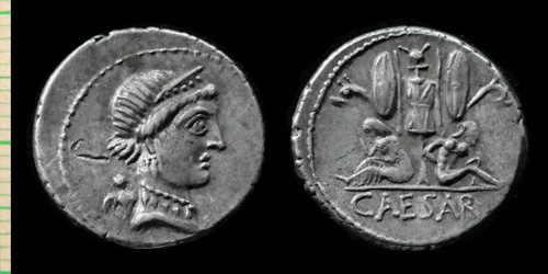 001 Caesar (100-44 B.C.), Crawf 468-1, Spanish, AR-denarius, CAESAR, Gallia and Gaulish captive seated,
001 Caesar (100-44 B.C.), Crawf 468-1, Spanish, AR-denarius, CAESAR, Gallia and Gaulish captive seated,
avers: No legends, Diademed head of Venus right, Cupid on her shoulder.
revers: Gallia and Gaulish captive seated beneath trophy of Gallic arms, CAESAR below.
exerg: -/-//CAESAR, diameter: 18mm, weight: 3,92g, axes: 5h,
mint: Spanish, date: 46-45 B.C., ref: Crawford-468/1, Sydneham-1014,
Q-001
Keywords: 001 Caesar (100-44 B.C.), Crawf 468-1, Spanish, AR-denarius, CAESAR, Gallia and Gaulish captive seated,
