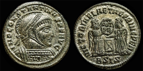 136 Constantinus I. (306-309 A.D. Caesar, 309-910 A.D. Filius Augustorum, 307-337 A.D. Augustus), Siscia, RIC VII 053, AE-3 Follis, -/-//BSIS, VICTORIAE LAETAE PRINC PERP, R1, #1
136 Constantinus I. (306-309 A.D. Caesar, 309-910 A.D. Filius Augustorum, 307-337 A.D. Augustus), Siscia, RIC VII 053, AE-3 Follis, -/-//BSIS, VICTORIAE LAETAE PRINC PERP, R1, #1
avers:- IMP CONSTANTINVS P F AVG, 1b, Laureate, helmeted, cuirassed bust right.
rever:- VICTORIAE LAETAE PRINC PERP, D6, Two Victories standing, facing each other, together holding shield reading VOT/PR on cippus.
exergo: -/-//BSIS, diameter: 18-19mm, weight: 3,22g, axis:7h,
mint: Siscia, date: 318-319 A.D., ref: RIC VII 53, p431, altar typ: u, R1,
Q-001
Keywords: 136 Constantinus I. (306-309 A.D. Caesar, 309-910 A.D. Filius Augustorum, 307-337 A.D. Augustus), Siscia, RIC VII 053, AE-3 Follis, -/-//BSIS, VICTORIAE LAETAE PRINC PERP, R1, #1