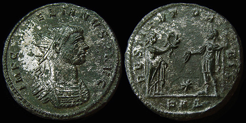 106 Aurelianus (270-275 A.D.), T-2817, RIC V-I 296, Serdica, AE-Antoninianus, RESTITVT ORBIS, *//KA•&#916;•, Female and Emperor,
106 Aurelianus (270-275 A.D.), T-2817, RIC V-I 296, Serdica, AE-Antoninianus, RESTITVT ORBIS, *//KA•&#916;•, Female and Emperor,
avers: IMP C AVRELIANVS P AVG, Radiated and cuirassed bust right, (B1).
revers: RESTITVT ORBIS, Female figure standing right, crowning Emperor in military dress standing left, holding spear (or long sceptre) in left hand, (Emperor and Woman 1).
exerg: *//KA•&#916;•, diameter: 21,4-22mm, weight: 4,45g, axes: 5h,
mint: Serdica, off-4, ph-2, iss-8, date: 274-275 A.D., ref: T-2817 (Estiot), RIC V-I 296,
Q-001
Keywords: 106 Aurelianus (270-275 A.D.), T-2817, RIC V-I 296, Serdica, AE-Antoninianus, RESTITVT ORBIS, *//KA•&#916;•, Female and Emperor,