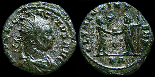 110 Tacitus (275-276 A.D.), T-4116, RIC V-I 213, Tripolis, AE-Antoninianus, CLEMENTIA TEMP, *//KA, Bust-D1, Emperor and Jupiter, #1
110 Tacitus (275-276 A.D.), T-4116, RIC V-I 213, Tripolis, AE-Antoninianus, CLEMENTIA TEMP, *//KA, Bust-D1, Emperor and Jupiter, #1
avers:- IMP-C-M-CL-TACITVS-AVG, Bust right, radiate, cuirassed and draped with paludamentum, (D1).
revers:- CLEMENTIA-T-EMP, Emperor in military dress stg. r., holding short eagle-tipped sceptre in l. hand, receiving a globe from Jupiter stg. l., holding long sceptre in l. hand, (EJ1d).
exerg: *//KA, diameter: 21-22mm, weight: 2,92g, axes: 5h,
mint: Tripolis, issue-2, off-, date: 276 A.D., ref: RIC-V-I-213, T-(Estiot)-4116, 
Q-001
Keywords: 110 Tacitus (275-276 A.D.), T-4116, RIC V-I 213, Tripolis, AE-Antoninianus, CLEMENTIA TEMP, *//KA, Bust-D1, Emperor and Jupiter, #1