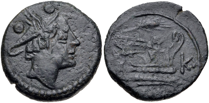 Cr  69/6a  Æ Sextans  [Corn-ear/KA series]
c.  211-208 B.C.E.   Sicily
Draped bust of Mercury right, wearing winged petasus; • • (value) above 
Prow of galley right; grain ear above, ligate KA to right, [ROMA] below
18.5 mm 5.86 gm 


