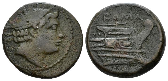Cr  38/7   AE Semuncia  Anonymous 
c. 217-215 BCE (19.5mm., 6.09g)
o: Head of Mercury r., wearing winged petasus
r: ROMA Prow r. 
Sydenham 87. RBW 101. Crawford 38/7.
