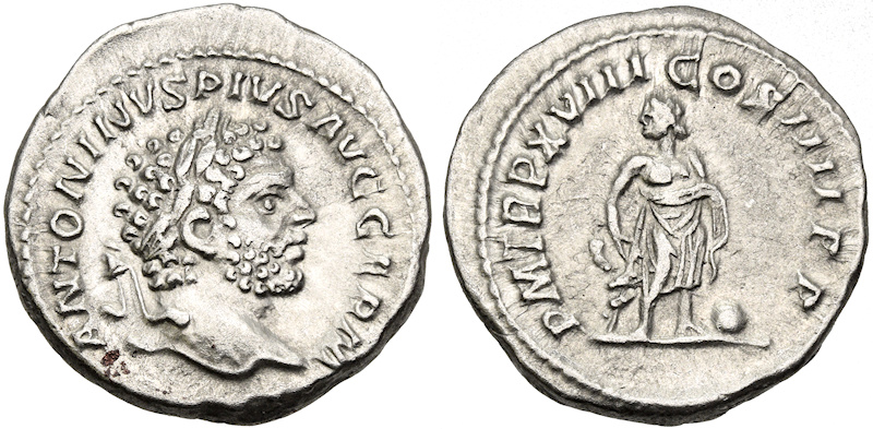 Roman Empire , Emperor Caracalla, 28 January 198 - 8 April 217 A.D.
Silver Denarius.
Ref; RIC IV 251; RSC III 302; BMCRE V p. 451, 103; Hunter III 27; SRCV II 6834, Very Fine , excellent portrait, slightly off center on a broad flan, some die wear, Rome mint, weight 3.232g, maximum diameter 19.2mm, die axis 180o, Struck in 215 A.D..
Obverse : ANTONINVS PIVS AVG GERM, laureate head right.
Reverse : P M TR P XVIII COS IIII P P (high priest, tribune of the people for 18 years, consul 4 times, father of the country), Aesculapius standing slightly right, head left, leaning on snake-entwined staff in right hand, globe at feet on right.


Asclepius is the god of medicine and healing in ancient Greek mythology. Asclepius represents the healing aspect of the medical arts, while his daughters Hygieia, Meditrina, Iaso, Aceso, Aglaea and Panacea (literally, "all-healing") symbolize the forces of cleanliness, medicine, and healing.

The Sam Mansourati Collection./Given as a souvenir to a superb dear friend Dr. Joseph Diaz.

