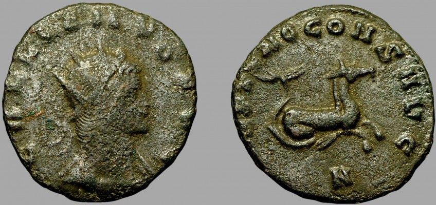 Gallienus, RIC 245 Rome 253-268 CE
Bronze antoninianus
Obverse: GALLIENVS AVG, radiate & cuirassed bust right.
Reverse: NEPTVNO CONS AVG, Hippocamp right, N in ex
RIC V 245 (sole reign), Rome mint, 2.7g, 19.2mm
Reverse translation: Neptune god of the seas, preserver Augustus

