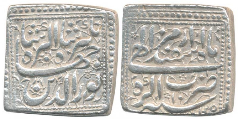 ISLAMIC, India, Mughals, Jahangir
India / Mughal Empire. Jahangir, AH 1014-1037 / AD 1605-1627. Rupee, AH 1025 / AD 1616; RY 10; month Isfandarmuz. Agra. Lane-Poole 441 (similar). KM 147.1. Zeno 49303. Silver. Square, 20mm × 20mm, 11.04 grams. 

Obverse: Shah Nur-ud-din Jahangir, ibn Shah Akbar. 

Reverse: "mah-i isfandarmuz-i ilahi / zarb agra / sanat 10 / 1025" (the month of Isfandarmuz of the ilahi month, struck Agra year 10, 1025).

Prince Salim's accession to the Mughal throne occured in 1605 AD following the death of his father, Jalal-ud-din Muhammad Akbar. Prince Salim chose the titular name of Nur-ud-din Muhammad Jahangir and ruled in a fair and just manner. Jahangir was born amidst luxury and opulence and he was a refined, educated and cultured man. He excelled in astronomy, zoology, painting etc and was liberal and tolerant towards other religions. As a prince, he was known for his affair with Anarkali, a courtesan, who, as rumoured, was buried alive by an incensed Akbar. Later Jahangir married a Persian widow, Nur Jahan, who became his favorite wife and a capable administrator as in the last few years of his reign Jahangir's mental and physical health deteriorated under the influence of alcohol and opium. Jahangir died in 1627 AD.

Under Jahangir, numismatics reached its greatest zenith. Jahangir minted some of the best known coins of the world including the largest gold coin ever minted, a 1,000 Tola (12 Kg) gold mohur, zodiac coins in gold and silver, portrait coins of himself and Akbar, and coins featuring poetic couplets. Some of these innovations were radical and defied the Islamic tradition viz zodiac & portrait coins. Shah Jahan, Jahangir's son and successor, ordered death penalty for anyone found using the zodiac coin series (consider as un-Islamic) as well as coins bearing the name of his step-mother, Nur Jahan, as she had undue influence over Jahangir and had interfered in Shah Jahan's accession, that makes them a great rarity today. No wonder coins of Jahangir are considered works of art and are much sought after by collectors around the world.

The featured specimen is an elegant square coin of Jahangir with magnificent work of calligraphy and depiction of vines, creepers, flowers, sunbursts and what not on the coin. It is most certainly struck from the Gold Mohur dies. All square rupee's were intended as 'nazrana' or tribute. The Ilahi coins were struck as round or square shape in alternate months. The ornate multiple dotted borders (thin inner border, thick outer border) together with the artistic scroll work, calligraphy and the flora depicted on the coin makes it an exquisite specimen, more so remarkable due to the absence of any shroff 'test' marks that disfigure and plague the Mughal coin series. The coin has great eye appeal and is a fine tribute to one of the best known numismatic innovator of his time.
