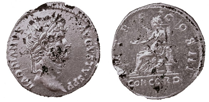 Fouree 118 Hadrian Denarius Roma 119-25 AD Concordia
Reference.
reverse like RIC 118

Obv. HADRIANVS AVGVSTVS P P sic
Laureate head right

Rev. P M TR P COS III CONCORD
Concordia, draped, seated left on throne, holding patera in right hand and resting left on figure of Spes on low base; cornucopiae under throne

2.86 gr
19 mm
5h
