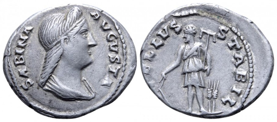 3203 Sabina Denarius Roma 130 AD Tellus eastern mint
Reference.
RIC III, 3203 pl; unpublished strack--; RIC;

Bust E2D

Obv.  SABINA AVGVSTA
Draped bust diademed with hair in long queue

Rev. TELLVS STABIL
Tellus standing left, holding plough and rake,; growing corn on ground to right 

2.73 gr
19 mm
6h

Note.
Ex Gorny & Mosch, Auction 233, lot 2366 2015
Keywords: Hadrian 