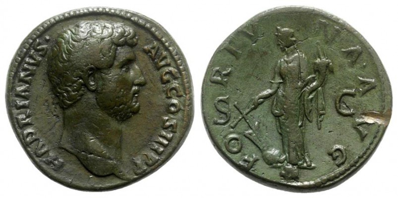 2411 Hadrian Sestertius, Roma 130-38 AD Fortuna 
Reference.
RIC II, 759; Cohen 763; Sear 3599; Strack RIC 2411 pl; Strack 669; Banti 419

Bust A1+

Obv. HADRIANVS AVG COS III P P
Bare head

Rev. FORTVNA AVG S C in field
Fortuna standing left, holding rudder on globe and cornucopia.

25.28 gr
32 mm
6h

Note.
Hess Jan. 1926 lot 1195
Keywords: RIC 2411