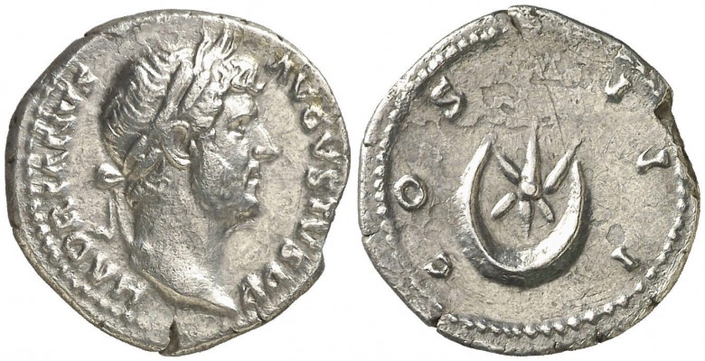0924 Hadrian Denarius Roma 128-29 AD star & Crescent
Reference.
RIC II, 355c; C. 458; Spink 3484 var; RIC III, 924; Strack 213

Bust A1

Obv. HADRIANVS AVGVSTVS P P
Laureate head 

Rev. COS III
Star within crescent

3.06 gr
18 mm
6h
Keywords: RIC 355