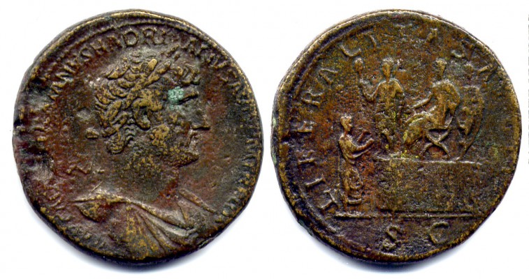 0421 Hadrian Sestertius, Roma 119-23 AD Hadrian 
Reference.
RIC II, 582; C 930; Strack 548; RIC 421

Bust C1

Obv. IMP CAESAR TRAIANVS HADRIANVS AVG P M TR P COS III: 
Laureate, draped bust, viewed from front

Rev. LIBERALITAS AVG III in Ex. S C
Hadrian, seated left on platform, hand extended towards citizen, advancing right, with fold of toga held out; in background Liberalitas standing front, holding up coin scoop; behind Hadrian, attendant standing left.  

24.93 gr
33 mm
h

Note.
Comment on Tablet by Curtis Clay.
The object in question was a tablet with a set number of shallow coin-size depressions drilled into it, say 50 depressions. It was dipped into the chest of coins like a scoop, and shaken until one coin had settled into each depression. Any excess coins were then swept back into the chest with the official's other hand, and the full board containing exactly fifty coins was then emptied into the outstretched toga of the recipient. So the object in question was a coin scoop/coin counter, meant to rapidly and accurately distribute the required number of coins to each recipient.
Keywords: RIC 421