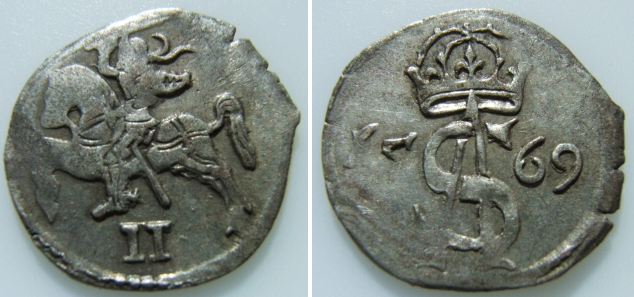 Medieval Lithuania: Zygmunt II August, AR 2 Denar.
Vilnius 1569 A.D. 0.65g - 14.9mm, Axis 6h.

Obv: II - Knight on charging horse value below.

Rev: AS 15-69 - Crowned monogram of Zygmunt II August (Sigismund), with the date dividing it.

Ref: Gum 595.
Provenance: Chris Scarlioli Collection.


