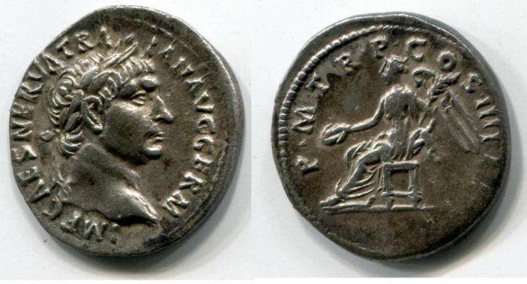 Trajan AR Denarius- Victory 
Rome Stuck in 104 AD
Ag 2,82 g

Obv: IMP. CAES. NERVA TRAIAN AVG. GERM. 

Rev: P.M.TR.P. COS IIII P.P. 
