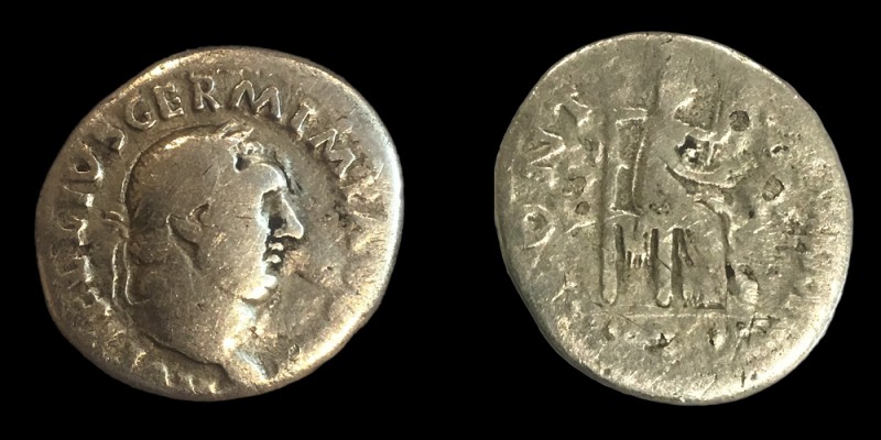 Vitellius Denarius
Vitellius AD 69-69. Rome

Denarius AR

17mm., 2,55g.

[A] VITELLIVS GERM IMP A[VG TR P], laureate head right 

[P]ONT [MAXIM], Vesta, veiled and draped, seated left on throne, holding vertical scepter in left hand and patera in right.

Venders References: RIC I 107; RSC 72; BMCRE 34-7; BN 71-4.

AAWX
