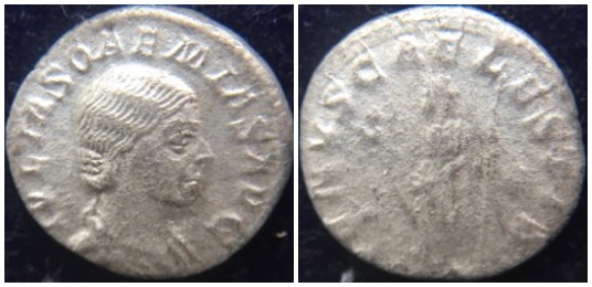 Julia Soaemias, Denarius, VENVS CAELESTIS
AR Denarius
Julia Soaemias
Augusta: 218 - 222AD
Issued under Elagabalus: 220 - 222AD
18.0mm 2.16gr 11h
O: IVLIA SOAEMIAS AVG; Draped bust, right.
R: VENVS CAELESTIS; Venus standing left, holding apple and scepter.
Exergue: (Star), right field.
Rome Mint
RIC IV Elagabalus 241; Sear 7719; RSC 8; BMC 45; Cohen 8; Aorta: 9: B3, O1, R6, T7.
Agora Auctions for Kenneth Dorney, Sale #1, Lot 148.
5/417 5/9/17
