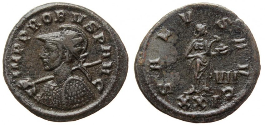 ALFOLDI 065.2A
OBVERSE: IMP PROBVS P AVG
REVERSE: SALVS AVG (Salvs standing) 
BUST TYPE: E1 = Radiate, cuirassed and helmeted bust left, holding spear and shield
FIELD / EXERGUE MARKS: -/VII//XXI
WEIGHT 3.36g / AXIS: 12h / DIAMETER: 20=22mm
MINT: Siscia
RIC: 750 VAR. (UNLISTED WITH IMP PROBVS P AVG LEGEND)
ALFOLDI: 065.2A
COLLECTION NO. 1434

Provenance: Paul Francis Jacquier Auction 46 (II Part of Ph. Gysen collection) lot no. 504 = ex Ph. Gysen collection

Very rare obverse legend IMP PROBVS P AVG (without the usual F[elix] before AVG[vstvs])
Keywords: probus