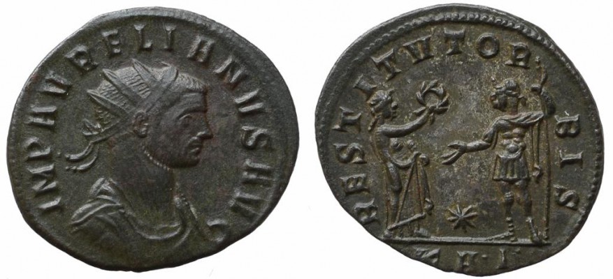 AURELIAN RIC TEMP 2780.1 
OBVERSE: IMP AVRELIANVS AVG
REVERSE: RESTITVT ORBIS
BUST TYPE: A = Radiate, cuirassed and draped bust right, seen from front
FIELD / EXERGUE MARKS: *//KA•&#915;•
MINT: Serdica
ISSUE: 8.2 (November 274 – September 275)
WEIGHT: 3,37 g
RIC TEMP: 2780.1/2 - this example! (only 2 ex. cited in total) 
Coll. no. 241

Provenance: PAUL FRANCIS JACQUIER AUCTION 46 LOT 192 = ex. Philippe Gysen collection 
