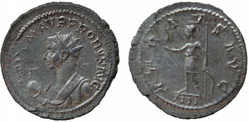 PROBUS BASTIEN 258
OBVERSE: IMP C M AVR PROBVS AVG
REVERSE: VIRTVS AVG
BUST TYPE: H6 = Radiate bust left in consuler robe, holding victory on globe (victoriola)
FIELD / EXERGUE MARKS: -/-//IIII
WEIGHT 4.06g / AXIS12 h / DIAMETER: mm 
MINT: Lugdunum 
RIC: 111 VAR. (H6 bust unlisted)
BASTIEN: 258 (7 ex. cited)
COLLECTION NO: 301

NOTE: Very rare and desirable bust type!

Provenance: purchased from CGB web shop in February 2016
Keywords: PROBUS