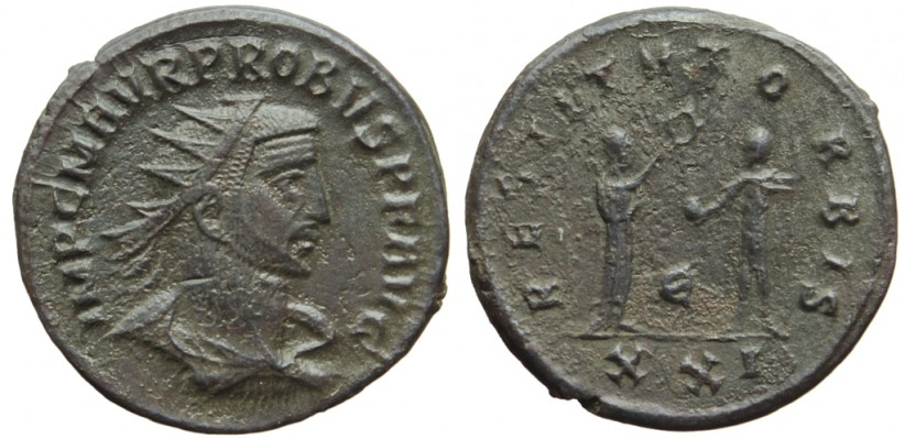 PROBUS RESTITVT ORBIS 4th EMMISSION 5th OFFICINA
OBVERSE: IMP C M AVR PROBVS P F AVG
REVERSE: RESTITVT ORBIS
BUST TYPE: A2 = Radiate, draped and cuirassed bust right, seen from rear
FIELD / EXERGUE MARKS: E//XXI
EMMISSION: 4
WEIGHT: 4,68 / AXIS:7h / DIAMETER: 20-20,5mm 
MINT: 4th unspecified oriental mint
RIC 925 (ANTIOCHIA)
COLLECTION NO. 1156

Attribution of this coin to the 4th unspecified oriental mint instead of Antiochia (as in RIC V.II) is based on the article by S. Estiot, "L’Empereur et l’usurpateur: un 4e atelier oriental sous Probus"; Studies in ancient coinage in honor of Anndrew Burnett, Spink, London, 2015.

Only 3 specimens of this type are cited in the above article.

Provenance: EBAY auction / SAVOCA-COINS / 263356311765 of 2017-12-10
Keywords: PROBUS