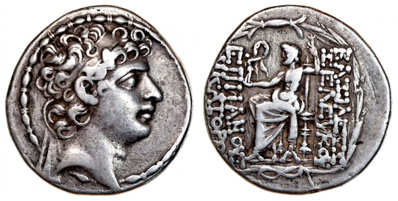 Seleukos VI Epiphanes Nikator.  Zeus Nikephoros Tetradrachm of Antioch.
Seleukids. Seleukos VI Epiphanes Nikator.  96-94 BC. AR Tetradrachm (15.17 gm, 29.8mm, 12h) of Antioch on the Orontes. Diademed, horned, and beardless head of Seleukos VI right w/ small horn.  / Zeus Nikephoros enthroned left, ⟑ beneath. ΒΑΣΙΛΕΩΣ ΣΕΛΕΥΚΟΥ | ΣΠΙΘΑΝΟΥΣ ΝΙΚΑΤΟΡΟΣ. [⟑ⲛ⟑ to left]. VF. Bt. Louis di Lauro, Coral Gables, 2001. SC 2415d; HGC 9 #1270; Houghton CSE I #362-363; Newell SMA 422; Dewing 2644; SNG Spaer 2768. cf. SNG Cop 7 (Seleucid Kings) #415 var (ΠΡ not ⟑ control).
