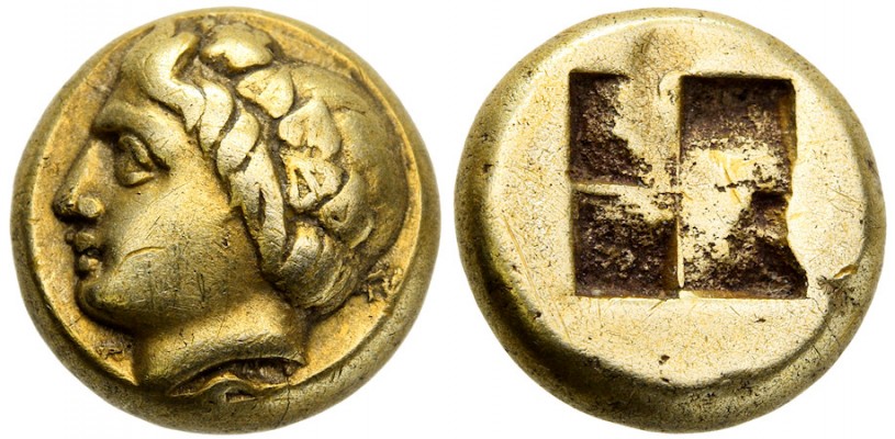 GREEK, Phokaia, Ionia, c. 372 - 327 B.C.
SH86298. Electrum hekte, Bodenstedt 97 (b/-); SNGvA 2123; BMC Ionia p. 208, 36; Boston MFA 1924 (identified as Pan); SNG Kayhan -, Rosen -, VF, attractive style, well centered and struck, mild die wear, bumps and scratches, weight 2.521 g, maximum diameter 10.2 mm, Phokaia (Foca, Turkey) mint, c. 364 B.C.; obverse head of Dionysos left, wreathed in ivy with berries, hair rolled, small seal (symbol of Phokaia) left below; reverse quadripartite incuse square; scarce
