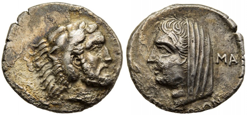 GREEK, Kos, Carian Islands, c. 345 - 340 B.C.
GS86516. Silver didrachm, Pixodarus p. 234, 13 (A2/P7); SNG Cop 619; Weber 6629; HGC 6 1305 (R1); BMC Caria p. 195, 18 ff. var. (magistrate); SNG Keckman 287 var. (same), gVF, attractive style, bold strike, toned, tight flan cutting off ethnic, corrosion, edge cracks, Kos mint, weight 6.369g, maximum diameter 20.2mm, die axis 0o, Ma[...], magistrate, c. 345 - 340 B.C.; obverse bearded head of Herakles right, wearing Nemean lion scalp headdress; reverse veiled female (Halkiopi?) head left, MA (magistrate) behind, K&#8486;ION below; from the David Cannon Collection, ex Beast Coins; rare
