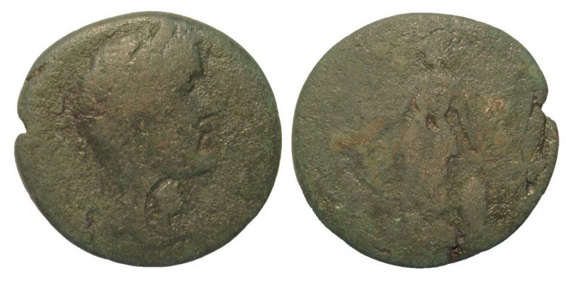 Laureate and draped bust right
Uncertain mint. Antoninus Pius. Æ 25. A.D. 138-161. Obv: Inscription obliterated. Laureate head right; countermark on neck, below chin. Rev: Inscription obliterated. Athena standing left, resting left hand on shield, extending right hand, holding patera (?). Axis: 360°. Weight: 11.10 g. CM: Laureate and draped bust right, in oval punch, 4 x 5.5 mm. Possibly Howgego 56 (mainly Corinth), 65 (mainly Nicaea), 70 (Pergamum) or 113 (Laodiceia, although the coin does not look like the Laodiceia/Tyche type). Collection Automan.
