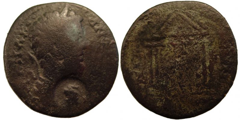 Uncertain (cista mystica?)
BITHYNIA (?). Nicaea (?). Commodus. Æ 23. A.D. 177-192. Obv: A(▪?)K▪MA▪KO▪-AN(TΩN...). Laureate, draped and cuirassed bust left; countermark below chin. Rev: NI(K-A-IE-Ω?)N (?). Tetrastyle temple, inside uncertain deity. Ref: BMC -. Axis: 360°. Weight: 6.01 g. CM: Uncertain countermark in circular punch, 6 mm. Howgego - (?). Note: The image looks like snake arising from cista mystica (or similar). No such countermarks are recorded by Howgego, though. Collection Automan.
