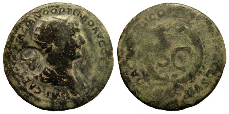 Bucranium
SYRIA: SELEUCIS & PIERIA. Antiochia ad Orontem. Trajan. Æ 24 (As). A.D. 115/116 (?). Obv: IMPCAESNERTRAIANOOPTIMOAVGGE(RM). Radiate and draped bust right; Countermark behind. Rev: DAC(PARTH)ICO(PMTRPOTXXCOSVIPP) or similar. SC in laurel-wreath. Ref: RIC 644 or 647 (?). Axis: 180°. Weight: 7.39 g. CM: Bucranium, in circular punch, 6 mm. Howgego 294 (23 pcs). Collection Automan.
