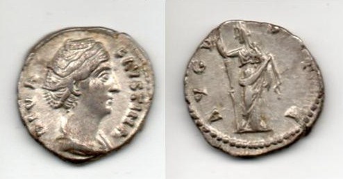 DIVA FAVSTINA
AR 18mm  after 141AD
Obv - DIVA FAVSTINA
Rev - AVGVSTA - Ceres standing left with torch in right hand, holding up fold of skirt with left hand
Reference - RIC III (Antoninus Pius) 362
Mint - Rome

