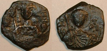 JOHN II 1/2 Tetaereron S-1955 DOC 17
Facing bust of St. Demetrius, beardless wearing nimbus and military attire, and holding sword and sheild. Rev Bust facing, wearing crown and loros, and holding labarum and gl. cr. DOC 17  15mm Fine + 

[i]*** Difficult to find nice ones and easily confused with Saint George Manuel half tetarteron, inscription of saint is the key.*** [i]
Keywords: tetarteron john ii  saint demetrius byzantine