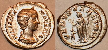 Julia Mamaea
IVLIA MAMAEA AVG
VENVS GENETRIX
RIC 355, BMC 152, C 72
Rome
Keywords: Julia Mamaea Venus Genetrix denarius