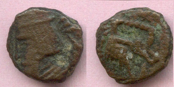 Small Bronze 2
Gotarzes II

Obverse: King, bareheaded with diadem, square beard, torc. 

Reverse: Seated archer in square of dots.

11mm, 1.29g.

Sellwood 65.47
Keywords: Parthia bronze