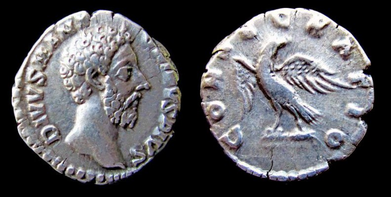 Roman Empire, MARCUS AURELIUS. Commemorative AR denarius of Rome. Struck A.D.180 under Commodus
[i]Obverse[/i]: DIVVS M ANTONINVS PIVS. Bare head of Marcus Aurelius facing right.
[i]Reverse[/i]: CONSECRATIO. Eagle facing left, head turned right, standing on bar.
[b]RIC III : 266[/b]
Ex Harlan J Berk. Ex D. Clark Collection. This coin is featured on Wildwinds.
SCARCE
