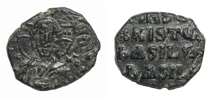 Byzantine Anonymous Follis: Class A1  [012]
5.66 grams
22.03 mm
Attributed to JOHN I, TZIMISCES (969-976) SEAR 1793
Overstruck on an earlier follis of Nicephorus II Phocas, prob. Sear 1782 or 1783

