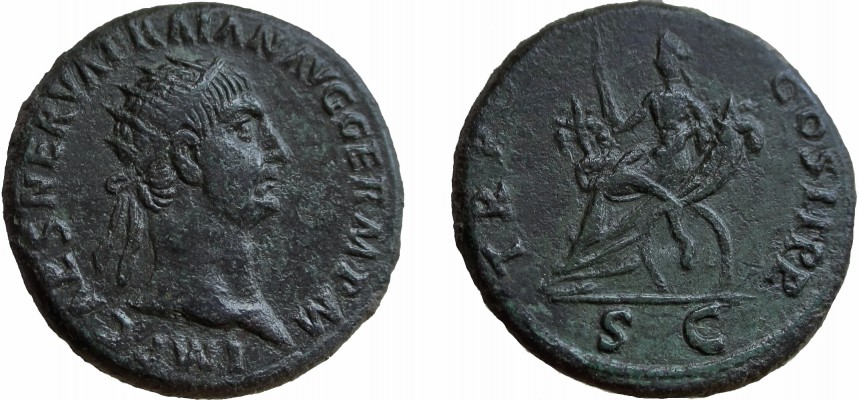 Trajan: 98 - 117 AD
AE Dupondius; Rome Mint
Struck 98 - 99 AD
Obv. - radiate head right; IMP.CAES.NERVA.TRAIN.AVG.GERM.PM
Rev. - Abundantia seated left on chair formed by crossed cornucopia holding scepter; TRPOT / COS II P P; S C in exurge
12.49 grams / 26.69 mm
RIC 385

