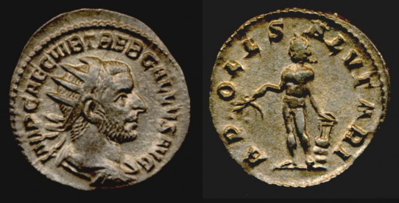 Apollo Salutaris (the Rescuer)
Trebonianus Gallus 251 - 253
Antoninianus mint of Rome
obv. IMP CAE C VIB TREB GALLVS AVG
rev.  APOLLO SALVTARI
        Apollo stdg. l, holding laurel-branch in l. hand and
        leaning with r. hand on lyra(?) on rock
RIC IV, 32(s); C.2
VF
Struck as gratitude for rescue from plague(?) for Apollo the Rescuer
The Lyre was invented by Hermes , made from the shell of a turtoise.
Apollo on the other hand should have always a cithara!
Keywords: Apollo Salutaris rescuer Lyre