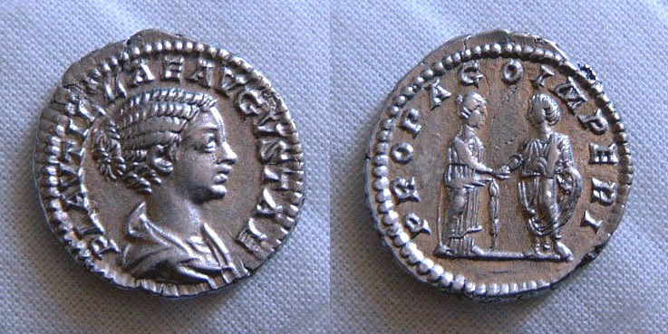 PLAUTILLA  denarius PROPAGO IMPERI
PLAUTILLAE AVGVSTAE
Draped bust right with hair in horizontal wawes and drawn into bun at the back.

R/PROPAGO IMPERI
Caracalla and Plautilla standing hand in hand, the former holds roll.

denarius struck 202 in Rom 

C.21 - RIC.362

Keywords: plautilla propago caracalla hair