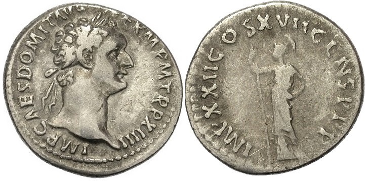 RIC 773 Domitian
AR Denarius, 3.38g
Rome mint, 95 AD
Obv: IMP CAES DOMIT AVG GERM P M TR P XIIII; Head of Domitian, laureate, bearded, r.
Rev: IMP XXII COS XVII CENS P P P; Minerva stg. l., with spear (M4)
RIC 773 (C2). BMC 226. RSC 286. BNC 203.
Acquired from Forvm Ancient Coins, September 2014.

This denarius records Domitian's 17th consulship, dating it between January and September 95. The issue it is from is one which wholly consists of the four standard Minerva types with no deviations. The production levels at the Rome mint remained high in 95, possibly because of a third Pannonian war Domitian waged in 95-96. 

It's a good example of the late portrait style featuring a supremely quaffed Domitian.
