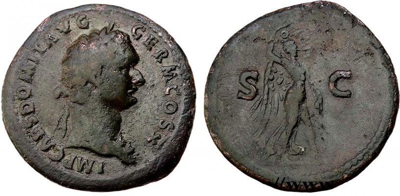 RIC 230 Domitian
 Æ As, 9.63g
Rome mint, 84 AD
Obv: IMP CAES DOMIT AVG GERM COS X; Head of Domitian, laureate, bearded, r., with aegis
Rev: S C in field; Victory adv. r., holding aquila with both hands
RIC 230 (R). BMC -. BNC -.
Acquired from CGB.fr, May 2022.

The Victory holding aquila reverse was fleetingly struck for Domitian in 84 and 85 amidst the flurry of Germania Capta types, which it is undoubtedly a part of. Of note, the COS X issues are the first appearance of the Domitian's new title of Germanicus (GERM), awarded for his recent triumph over the Chatti. This rare variant of the type with an abbreviated obverse legend is missing from both the BM and Paris, RIC cites only one specimen in Glasgow. 
