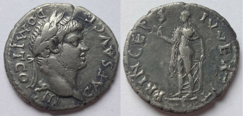 RIC 1489 Domitian as Caesar [Vespasian]
AR Denarius, 2.82g
Ephesus (?) mint, 76 AD
Obv: CAES AVG F DOMIT COS III; Head of Domitian, laureate, bearded, r., 'o' mint mark below neck
Rev: PRINCEPS IVVENTVT; Spes, draped, advancing l., holding up flower in r. hand and with l. holding up her skirt.
RIC 1489 (R2). BMC 481. BNC -. RPC 1462 (1 spec.). RSC 575a.
Acquired from eBay, April 2022.

A mysterious eastern mint struck a spate of denarii in 76 which copied many contemporary types from Rome. Both RIC and RPC speculate it possibly could be Ephesus, citing a similar style with a previous Ephesian issue from 74 and the use of an annulet as a mint mark. The issue is extremely rare. This denarius copies the much more common Spes type contemporaneously struck at Rome for Domitian. These eastern denarii are often confused with the issues from Rome, however, they can be distinguished by their superior style and the annulet (if visible) below the bust.

Missing from the Paris collection.
